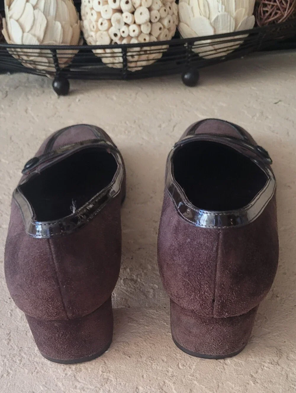 Size 8 B Salvatore Ferragamo Dark Brown Suede Patent Leather Block Heel Pumps